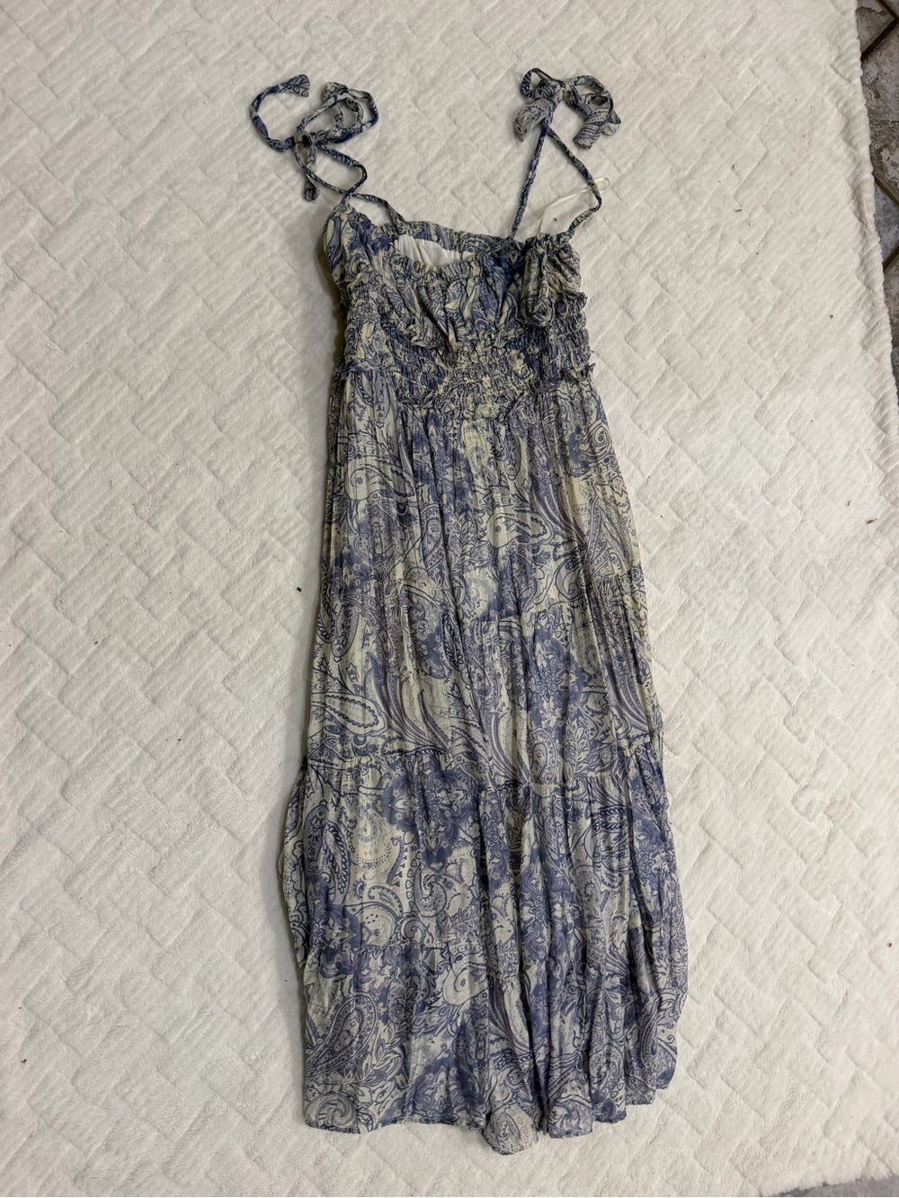 Aqua Blue and Cream Paisley Maxi Dress with Smocked Bodice
